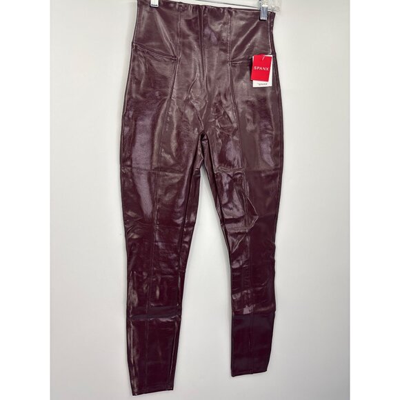 SPANX Faux Patent Leather Ruby Burgundy Cabernet Leggings Medium NEW - Picture 4 of 8